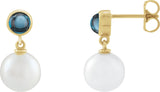 14K Gold Cultured White Freshwater Pearl & Natural London Blue Topaz Accented Pearl Earrings – 8mm Stones - Yellow Gold