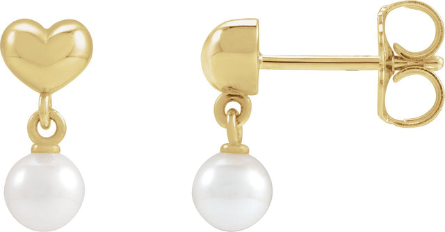 14K Gold Cultured White Freshwater Pearl Pearl Heart Earrings - Yellow Gold