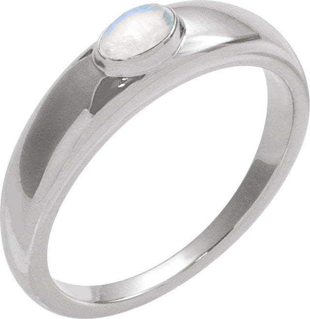 14K Gold Oval Natural Rainbow Moonstone Cabochon Ring – 5-7mm Stones - White Gold