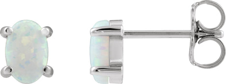 14K Gold Lab-Grown White Opal Oval 4-Prong Cabochon Earrings - White Gold