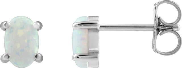 Platinum Lab-Grown White Opal Oval 4-Prong Cabochon Earrings