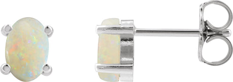 14K Gold Natural White Opal Oval 4-Prong Cabochon Earrings - White Gold