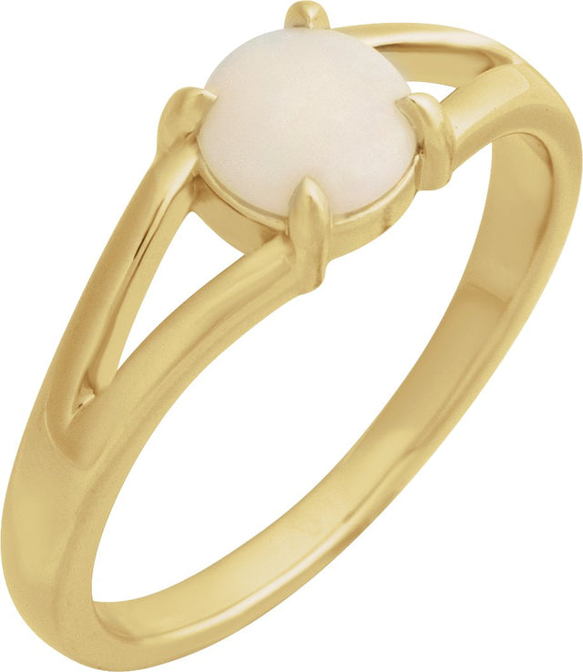 14K Gold Round Natural White Opal Cabochon Ring – 8x6mm - Yellow Gold