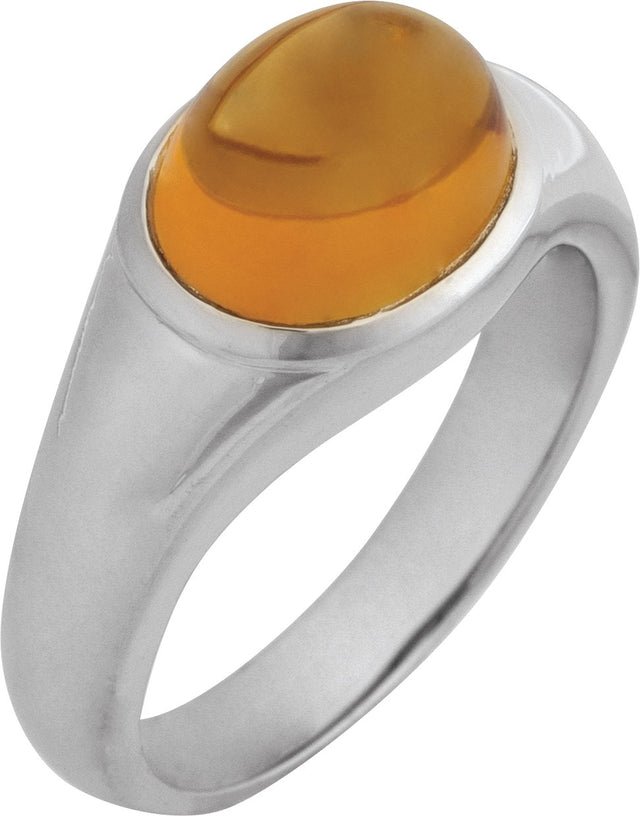14K Gold Oval Natural Citrine Bezel-Set Cabochon Ring - White Gold