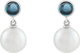 14K Gold Cultured White Freshwater Pearl & Natural London Blue Topaz Accented Pearl Earrings – 8mm Stones - White Gold - view 2