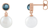 14K Gold Cultured White Freshwater Pearl & Natural London Blue Topaz Accented Pearl Earrings – 8mm Stones - Rose Gold