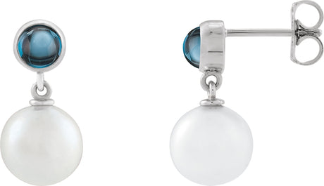 14K Gold Cultured White Freshwater Pearl & Natural London Blue Topaz Accented Pearl Earrings – 8mm Stones - White Gold