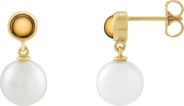 14K Gold Cultured White Freshwater Pearl & Natural Citrine Accented Pearl Earrings - Yellow Gold