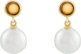 14K Gold Cultured White Freshwater Pearl & Natural Citrine Accented Pearl Earrings - Yellow Gold - view 2