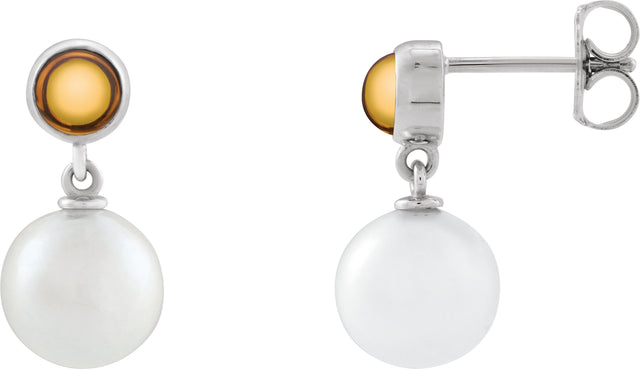 14K Gold Cultured White Freshwater Pearl & Natural Citrine Accented Pearl Earrings - White Gold
