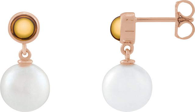 14K Gold Cultured White Freshwater Pearl & Natural Citrine Accented Pearl Earrings - Rose Gold