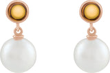 14K Gold Cultured White Freshwater Pearl & Natural Citrine Accented Pearl Earrings - Rose Gold - view 2