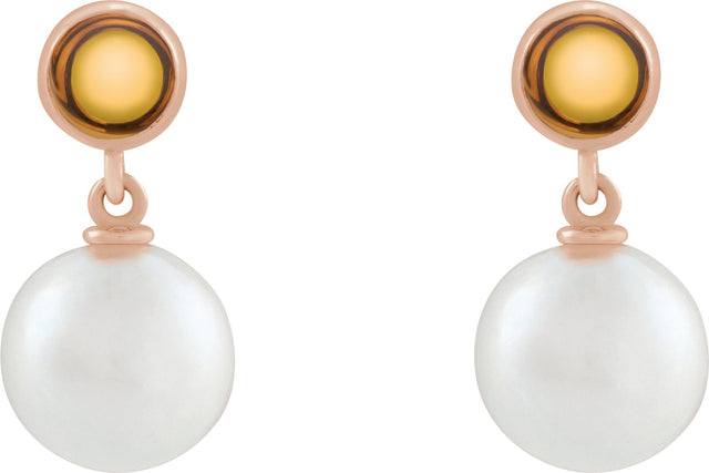 14K Gold Cultured White Freshwater Pearl & Natural Citrine Accented Pearl Earrings - Rose Gold - view 2