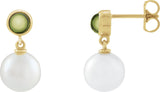 14K Gold Cultured White Freshwater Pearl & Natural Peridot Accented Pearl Earrings - Yellow Gold