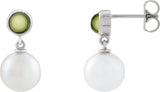 14K Gold Cultured White Freshwater Pearl & Natural Peridot Accented Pearl Earrings - White Gold