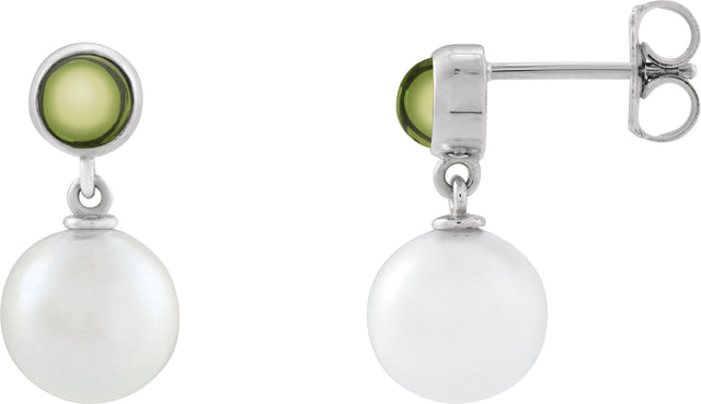 14K Gold Cultured White Freshwater Pearl & Natural Peridot Accented Pearl Earrings - White Gold