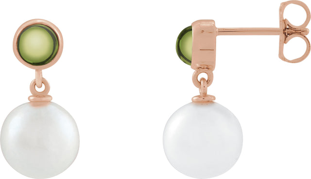 14K Gold Cultured White Freshwater Pearl & Natural Peridot Accented Pearl Earrings - Rose Gold