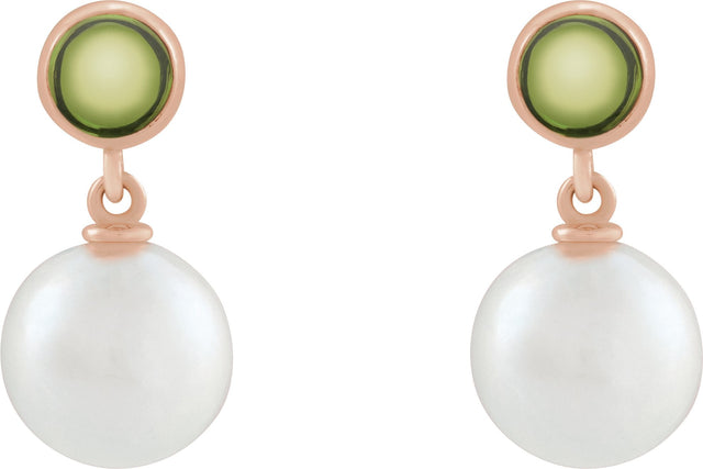 14K Gold Cultured White Freshwater Pearl & Natural Peridot Accented Pearl Earrings - Rose Gold - view 2