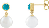 14K Gold Cultured White Freshwater Pearl & Natural Turquoise Accented Pearl Earrings - Yellow Gold