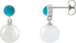 14K Gold Cultured White Freshwater Pearl & Natural Turquoise Accented Pearl Earrings - White Gold