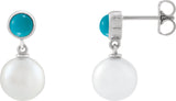 14K Gold Cultured White Freshwater Pearl & Natural Turquoise Accented Pearl Earrings - White Gold