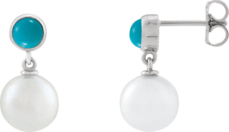 14K Gold Cultured White Freshwater Pearl & Natural Turquoise Accented Pearl Earrings - White Gold