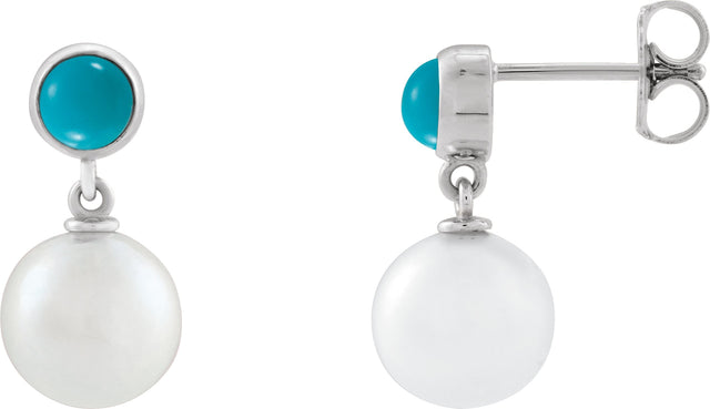 14K Gold Cultured White Freshwater Pearl & Natural Turquoise Accented Pearl Earrings - White Gold
