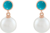 14K Gold Cultured White Freshwater Pearl & Natural Turquoise Accented Pearl Earrings - Rose Gold - view 2