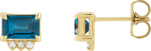 14K Gold Emerald Natural London Blue Topaz & Natural Diamond Accented Earrings – 7x5mm - Yellow Gold