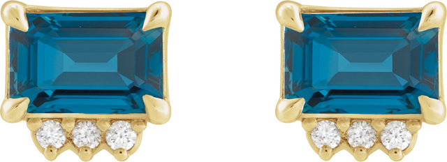 14K Gold Emerald Natural London Blue Topaz & Natural Diamond Accented Earrings – 7x5mm - Yellow Gold - view 2
