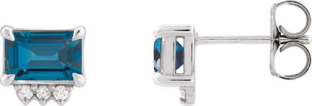 Platinum Emerald Natural London Blue Topaz & Natural Diamond Accented Earrings – 7x5mm