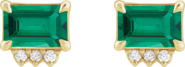 14K Gold Emerald Lab-Grown Emerald & Natural Diamond Accented Earrings - Yellow Gold - view 2