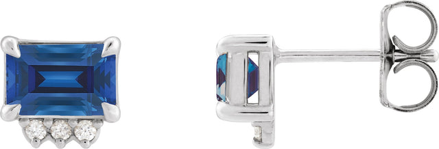 Platinum Emerald Lab-Grown Blue Sapphire & Natural Diamond Accented Earrings – 7x5mm