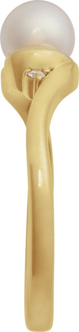14K Gold Natural White Akoya Pearl & Natural Diamond Accented Pearl Ring - Yellow Gold - view 3