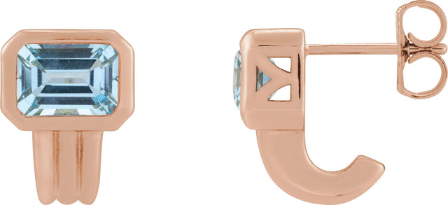 14K Gold Natural Sky Blue Topaz Emerald Bezel-Set Earrings - Rose Gold