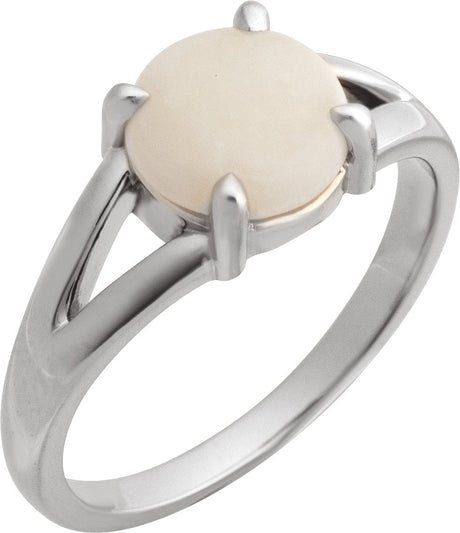 14K Gold Round Natural White Opal Cabochon Ring – 8x6mm - White Gold