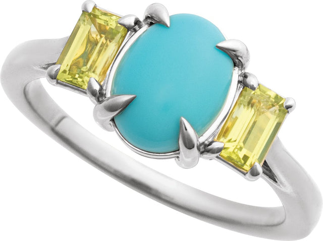 14K Gold Oval Natural Turquoise & Natural Peridot Cabochon Ring - White Gold - view 4