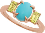 14K Gold Oval Natural Turquoise & Natural Peridot Cabochon Ring - Rose Gold