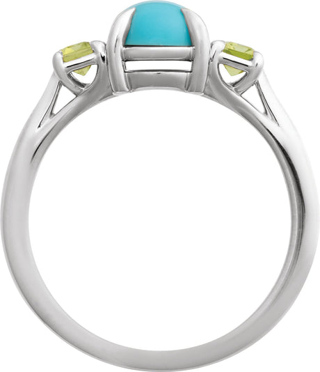 Platinum Oval Natural Turquoise & Natural Peridot Cabochon Ring - view 2