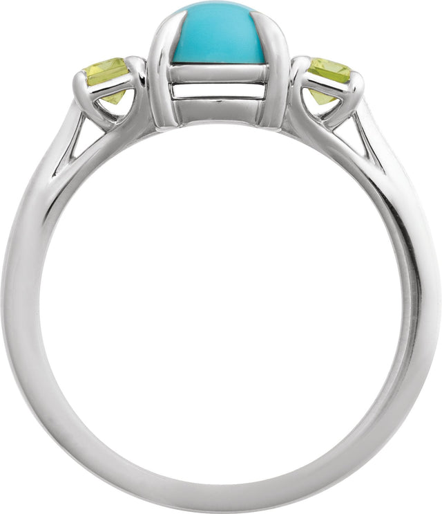 Platinum Oval Natural Turquoise & Natural Peridot Cabochon Ring - view 2