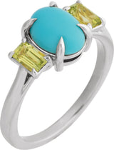 14K Gold Oval Natural Turquoise & Natural Peridot Cabochon Ring - White Gold