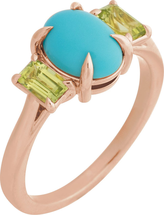 14K Gold Oval Natural Turquoise & Natural Peridot Cabochon Ring - Rose Gold - view 4
