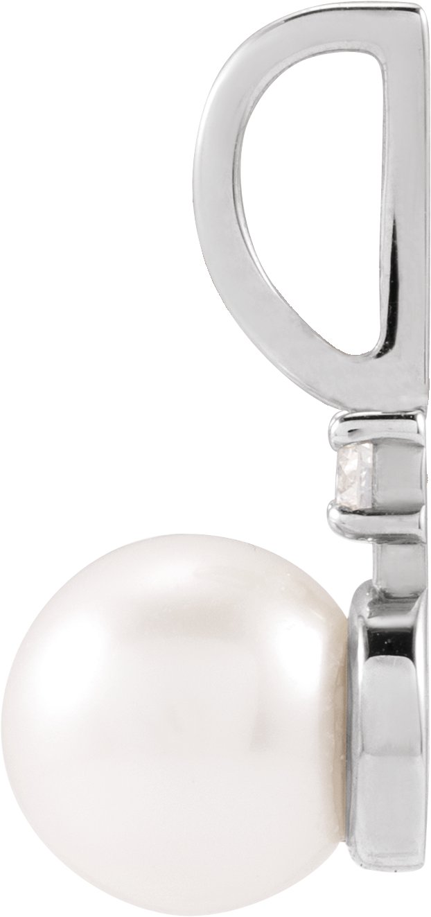 14K Gold Cultured White Akoya Pearl & Natural Diamond Accented Pearl Pendant – 0.03 CTW - White Gold - view 2