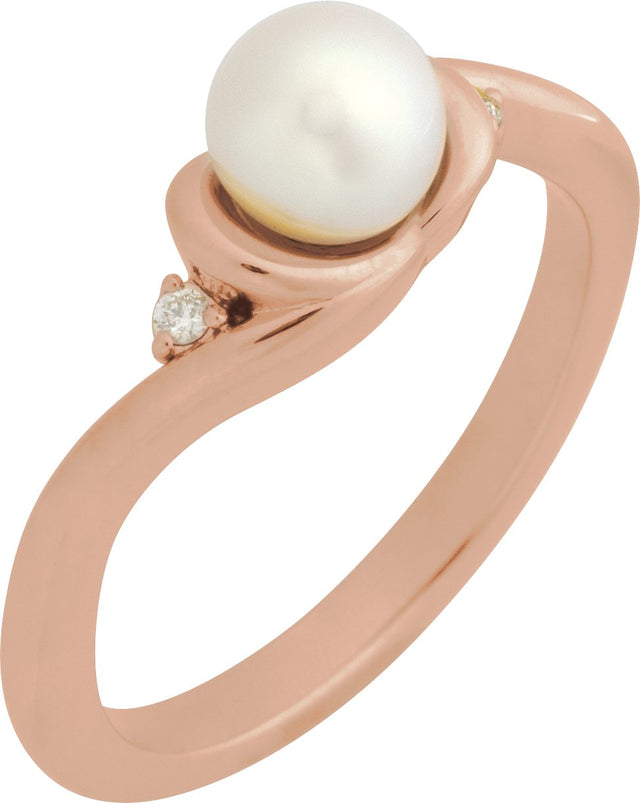 14K Gold Natural White Akoya Pearl & Natural Diamond Accented Pearl Ring - Rose Gold