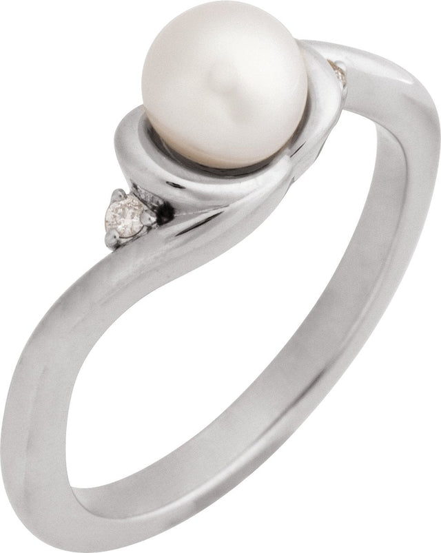 Platinum Natural White Akoya Pearl & Natural Diamond Accented Pearl Ring