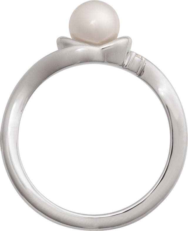 14K Gold Natural White Akoya Pearl & Natural Diamond Accented Pearl Ring - White Gold - view 2