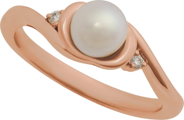 14K Gold Natural White Akoya Pearl & Natural Diamond Accented Pearl Ring - Rose Gold - view 4