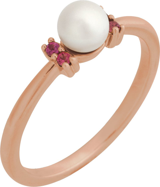 14K Gold Cultured White Freshwater Pearl & Natural Pink Tourmaline Accented Pearl Ring - Rose Gold