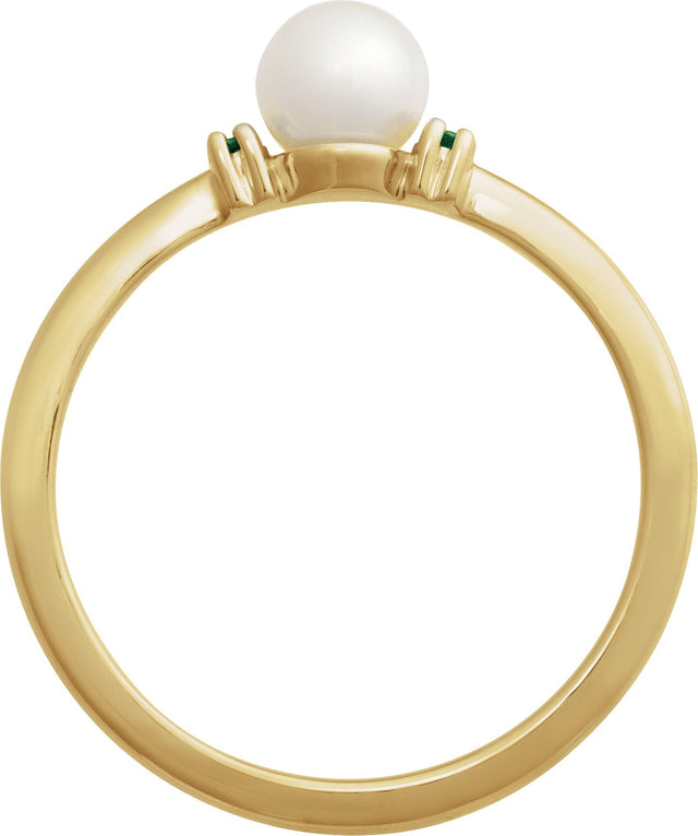 14K Gold Cultured White Freshwater Pearl & Natural Tsavorite Garnet Accented Pearl Ring - Yellow Gold - view 2