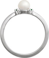 14K Gold Cultured White Freshwater Pearl & Natural Tsavorite Garnet Accented Pearl Ring - White Gold - view 2